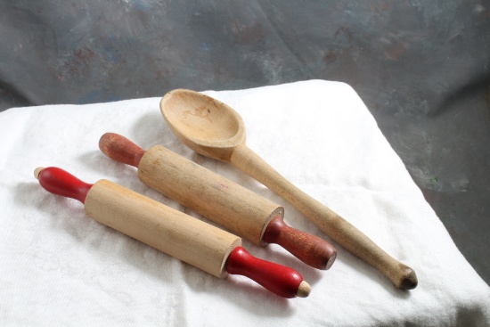 2 Wooden Children's Rolling Pins w/Red Handles & 1 Wooden Kitchen Spoon 9.5"