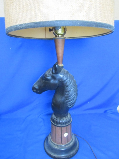 Horse's Head (Hitching Post Style) Vintage 1970's  Lamp w/ Burlap Shade -  37” T x 13” D