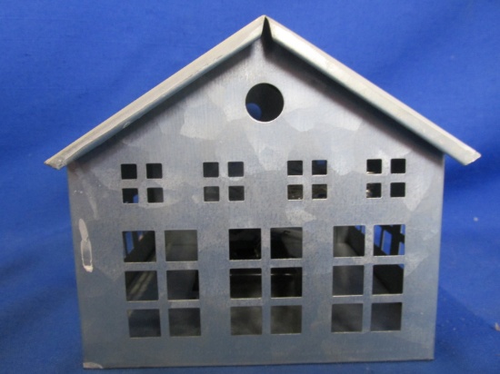 Metal House w/ Battery Operated Lights – 5” Square x 4 1/2” T – Corrugated & Galvanized