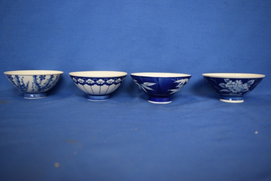 4 French Coffee Bowls -  Blue & White Porcelain