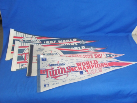 Lot of 4 1987 MN Twins Pennants – World Champs w/ Team Autographs, American League