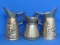 3 Metal Pitchers: 2 made in England w Bas-Relief Scene – 1 marked Dinant on base