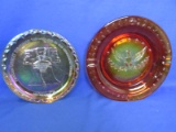 2 Vintage Art Glass Plates 9”Amberina Eagle w/Cigar rests & 8” Carnival Glass Liberty Bell
