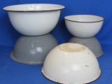 Mixed Lot of Enamel Bowls: White w Black Trim, Grey, White w Blue Trim