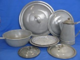 Lot of Grey Enamelware: 4 Lids, Pie Plate, Plate & Sauce Pan – Lids from 6” to 14 1/4”