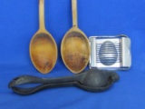 2 Vintage Wooden Spoons & a Cast Iron Lemon Juicer – Spoons are about 13” long