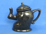 Fun Black Glossy Teapot by Ganz – Muscle Man? Alice in Wonderland? 4 3/4” tall