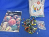 Vintage Glass Marbles: 10 Striped, Asst. Marbles & Shooters in a Vitro Agate Bag, More