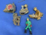 5 Cast Metal Figures – Asst – Small, partial Lead Soldiers (1920's?) Indian, & Jockey