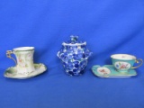 Hand Painted Portugal Pottery Ginger Jar 5” T & 2 German Cup & Saucer Sets