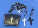 Rosary with Wood Beads, Beaded Cross in Black Pouch