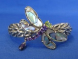 Sterling Silver Dragonfly Bracelet – Signed CP – Weight is 34.3 grams – Amethyst & Abalone