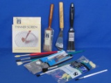 Misc Lot of Paint Brushes, a Palette Knife & a Thinner Screen (in Box)
