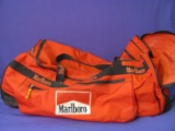 Large Red Marlboro Cigarette Canvas Duffle Bag – Hard Bottom, Has Wheels – About 30” Long