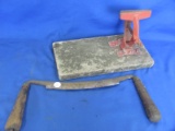 Vintage Draw Knife and Red Table Clamp (?) Vice?
