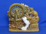 1953 McCoy Pottery Planter – Spinning Wheel with Dog & Cat – 7 1/4” wide