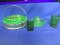 Vaseline Glass Divided Dish & Orange  Juicer Plus 2 Green Glass Toothpick Holders