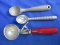 3 Vintage Icecream Scoops – 1 With a cherry red Bakelite Handle