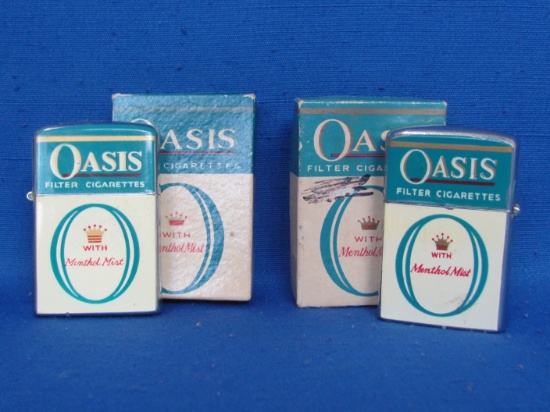 2 Vintage Lighters “Oasis Filter Cigarettes” in Boxes – Continental made in Japan