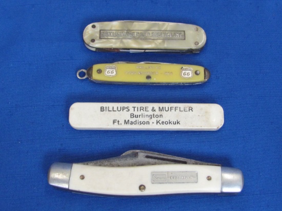4 Folding Knives/Blades w Advertising: 1969 Phillips 66, Billups Tire & Muffler, Sears