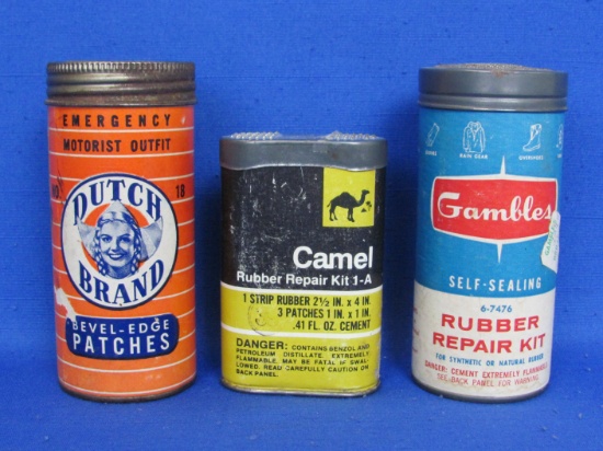 3 Vintage Rubber Repair Kits: Dutch Brand, Gambles & Camel – Tallest is 4 1/2”
