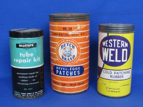 3 Vintage Rubber Repair Kits: Dutch Brand, Western Weld & Allstate (tin) – Tallest is 7 1/4”