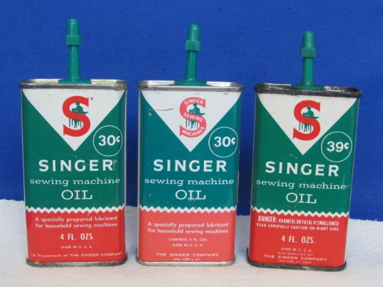 3 Singer Sewing Machine Oil Tins – 2 are .30¢ & 1 is .39¢ - 5” tall