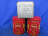 3 Vintage Tins: 2 Bowers (Colorful Bright Graphics) & 1 Lipton Tea Planters Ceylon