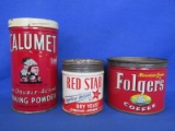 3 Vintage Tins: Folger's © 1959; Calumet Baking Powder (Indian Head) & Red Star Yeast