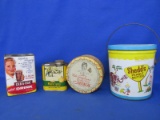 4 Vintage Tins: Shedd's Peanut Butter 5lb Pail w/ Lid, Cara Coa Drink, Maple Syrup, &