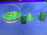 Vaseline Glass Divided Dish & Orange  Juicer Plus 2 Green Glass Toothpick Holders