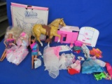 Box of Pink Barbie Furniture, 2 Dolls, Asst. Clothing & Barbie's  Doll Horse