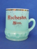 Robin's Egg Blue Milk Glass Mug “Rochester, Minn.” 3 1/4” tall – Gold Trim