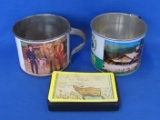 “Bonanza” 2 Tin Ponderosa Ranch Mugs & Deck of Playing Cards (Complete)
