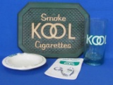 Kool Cigarettes: Ceramic Ashtray, Plastic Mat, Key Chain, Thermo-Serv Tumbler