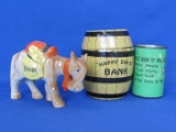 3 Still Banks: Ceramic Donkey (Repaired) Tin Barrel & “1st State Bank of Wabasha”