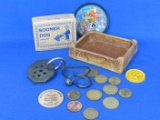 Mixed Lot: Tokens, Advertising, Small Puzzle Games, Sooner Dog in Box & more