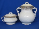 2 Semi-Vitreous Porcelain Chamber Pots/Jugs – Taller is 12” - 2 Lids (1 repaired)