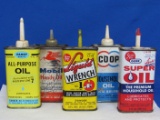 5 Household Oil Tins: Mobil, Liquid Wrench, Co Op, Panef, Gunk – About 5” tall