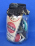 Vintage Fishing Items in a Jar with Cute Fabric Cover – Lures, Bobber, etc.. 6 1/2” tall