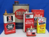 6 Vintage Tins: Solox, Las-stik, Sears, Liquid Wrench, 3 in 1 – Tallest is 7 1/4”