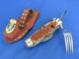 Vintage Multipurpose Folding Knife with Fork, Corkscrew, etc.. Leather Sheath – Made in Japan