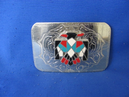 Nickel Silver Raised Cloisonne Eagle Belt Buckle With Inlaid Stones