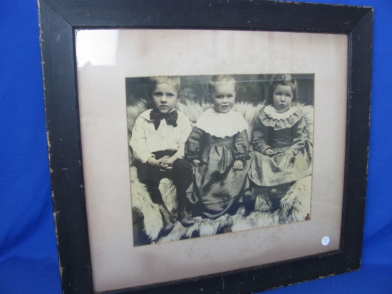 Framed Vintage Photograph of 3 Children – Black Wood Frame is 23 1/4” x 20 3/4”