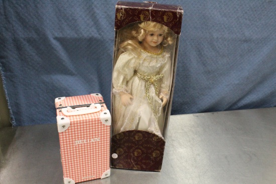 Lot of Dolls, 1 Porcelain and 1 plastic in Box and or case