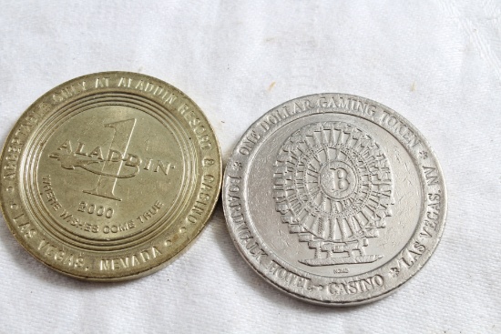 2 Vintage Las Vegas One Dollar Gaming Tokens Aladdin Resort & Boardwalk