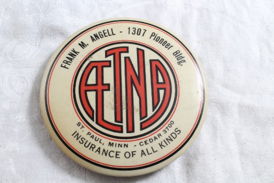 1950's AETNA Insurance Advertising Pocket Mirror 3 1/2" Diameter