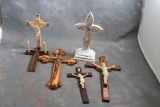 5 Vintage Religious Crucifex Cross -  Sick Call Kit, Celluloid, Wood, Porcelain