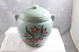 Antique Stoneware Cookie Jar with Lid Green Glaze with Floral Design