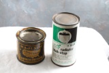 2 Vintage Steel Side Advertising Auto Cans Sears Radiator Leak Stop and Majestic